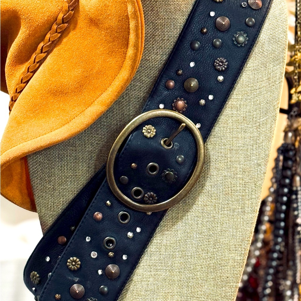 Fossil Studded Black Leather Belt with Bronze Accents